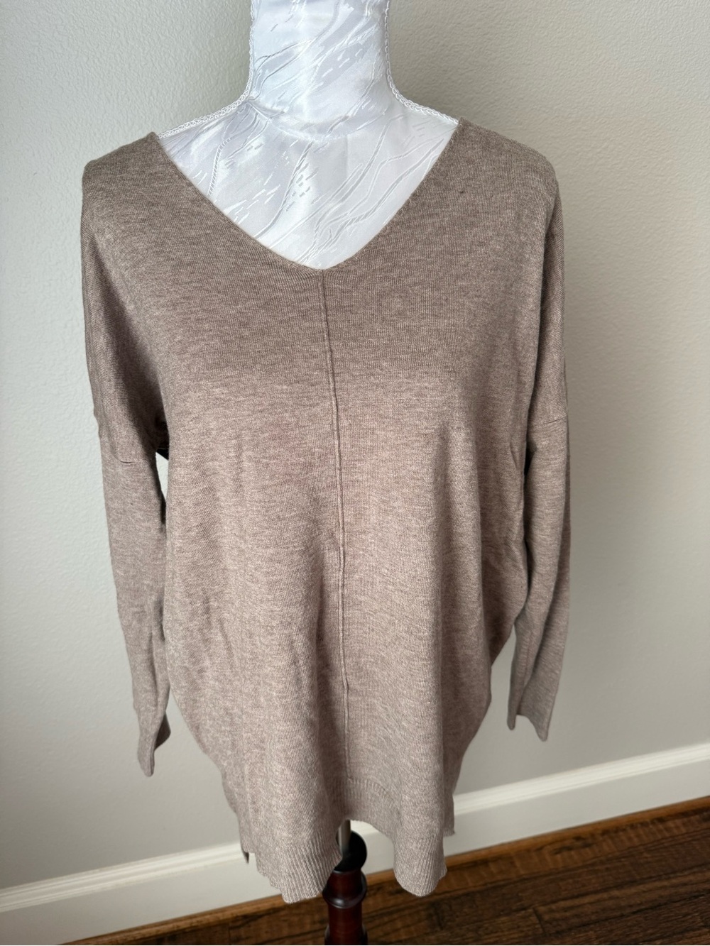 Dreamers Taupe V-Neck Lightweight Pullover Sweater